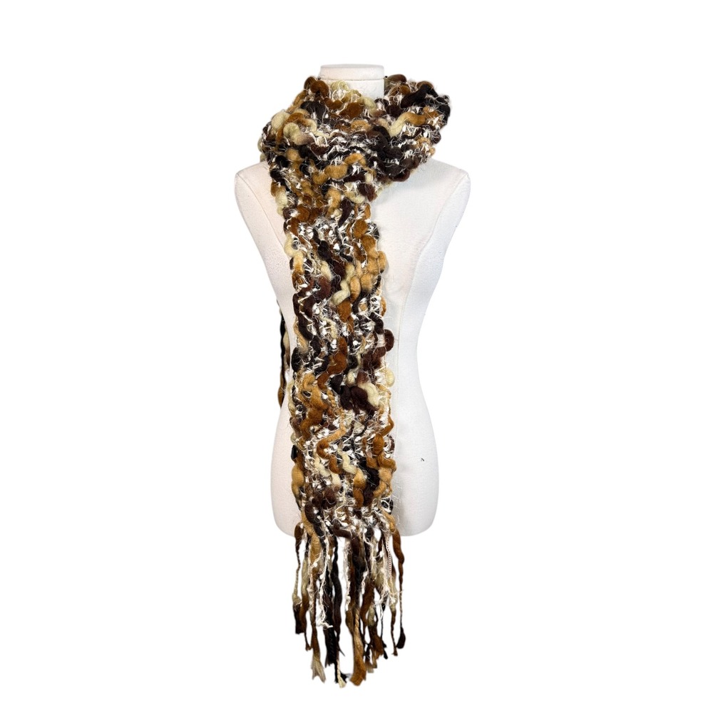Handmade Chunky Knit Fringe Scarf Brown Tan Cream Boho Textured Winter Wrap